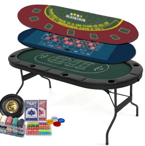 8 Player Foldable Poker Table Top - 4-in-1 Casino Game Set for Texas Hold'em, Blackjack, Craps & Roulette, Portable Folding Table Mat with Cup Holders & Full Props for Home Party, Game Night