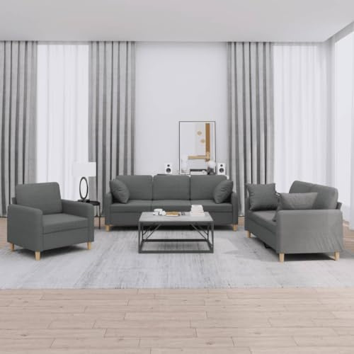 GeenYuu 3-TLG. Sofagarnitur mit Kissen Dunkelgrau Stoff, Robustes Metallgestell, atmungsaktiver Polyester, bequemes Wohnzimmer-Möbelset für Zuhause, 1 Sessel, 1 Zweisitzer, 1 Dreisitzer