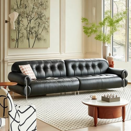Medeltida fransk retrostil svart lädersoffa, rymlig och mjuk soffa med massiv träram, modern stor storlek, lämplig för vardagsrum/kontor/lägenhet.