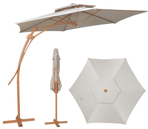 YOURLITE Parasol Déporté 3x3M,Parasol de Jardin Exterieur Beige | avec Double Toit,Protection UV,8 Baleines,Socle en Croix,pour Jardin,Balcon,Terrasse,Plage,Patio,Hauteur 242cm