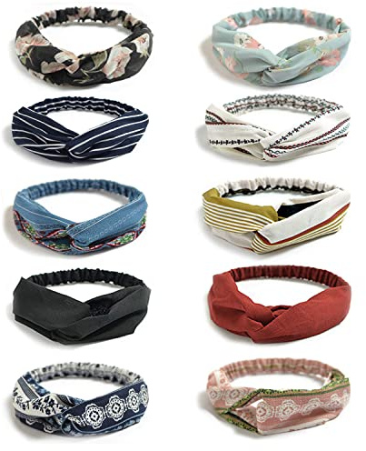 DRESHOW 10 Paket Boho Pannband för Kvinnor Vintage Blomma Tryckt Criss Cross Knotted Elastiskt Hårband Stretchy Head Wrap Twisted Cute Hårtillbehör