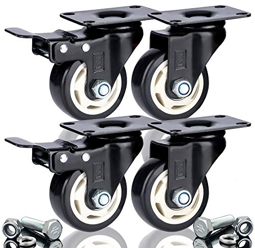 DSL 4 x 75mm PU Heavy Duty Double Bearing 2 Castor with 2 Braked Rubber Swivel Castor Wheel Trolley Furniture Caster 400KG Free Fitting