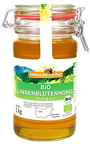 Miel de tilleul biologique d'ImkerPur, 1 kg, dans un pot de stockage réutilisé, naturel, fin et fruité, avec une note rafraîchissante de citron