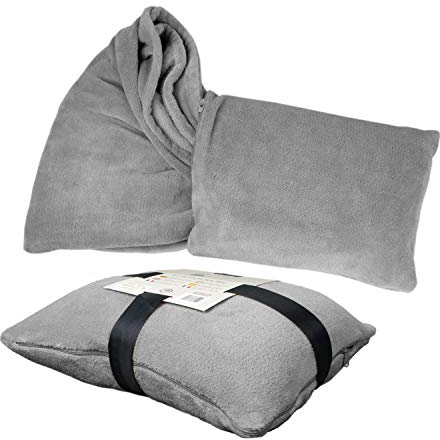 Delindo Lifestyle 2in1 Kuscheldecke Travel grau, 135x200 cm, flauschig weiches Reisekissen umwandelbar zur Reisedecke für Frauen, Männer und Kinder