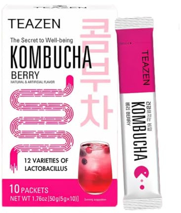 TEAZEN Berry Kombucha Tea, Idratazione Drink Mix, Senza Zucchero, Probiotici vivi e Prebiotici, 10 Bastoncini, 50 ml