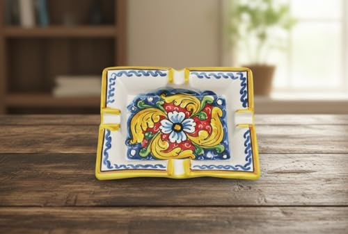 ILAB Aschenbecher aus Keramik von Hand verziert von sizilianischen Keramikern von Santo Stefano di Camastra Blume rot Art. 27