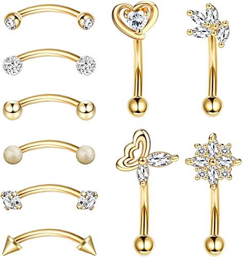 LOLIAS 10 Stück 16G Rook Daith Ohrringe Piercing für Damen Edelstahl Bauchlippenring Knorpel CZ Body Piercing Curved Barbell Augenbraue Ringe 8mm Piercing Schmuck Set