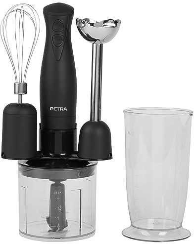 Petra PT2827BMBLKVDE Batidora 3 en 1 - accesorios sin BPA, vaso de 700 ml, bate, mezcla, pica, recipiente de 500 ml, 2 velocidades, cuchillas de acero inoxidable, compacta, uso fácil, 350 W, negro