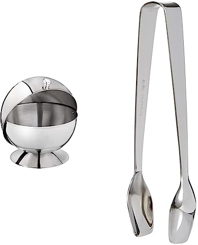 APS Zuckerkugel, Zuckerdose mit Rolldeckel, Edelstahl Zuckergefäß mit Deckel, 14 x 14 cm, Höhe 14 cm & Zwilling 07150-059-0 Dinner Zuckerzange, Edelstahl, 10cm