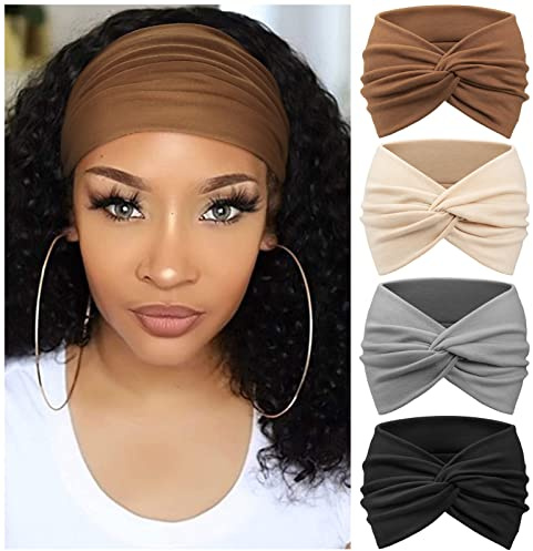 DRESHOW 4 Pièces Bandeau Cheveux Femme Boho Bandeaux Vintage Fleur Imprimé Hair Bandeau Cross Noué Élastique Bande de Cheveux Accessoire