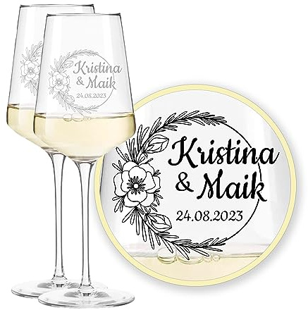 LEONARDO Puccini Weißweinglas Kelchglas mit Gravur, personalisiert mit Namen Wunschtext Datum, Hochzeitsglas für Brautpaar, Hochzeitsgeschenk, Hochzeitstag Jahrestag Jubiläum
