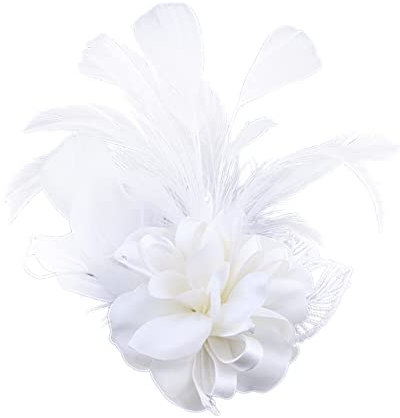 ihreesy Damen Feder Brosche Trachtenbrosche, Retro Blume Feder Brosche Fasanenfeder Ansteckbrosche Elegant Damen Blume Stoff Trachten-Brosche Hutfeder Haarspange für Frauen Mädchen,Weiß