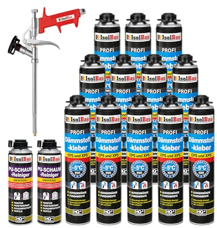 Isolbau B2 Dämmstoffkleber SET - 12 x 750 ml Perimeterkleber, 2 x PU-Schaum-Reiniger & 1x Schaumpistole für EPS & XPS-Platten - 1K PU-Klebeschaum für Dämmung und Isolieren