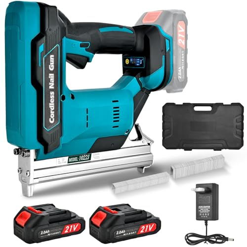 Vothen Pistola sparachiodi a Batteria, chiodatrice con 2 batterie da 2000 mAh e 6000 clip, pinzatrice elettrica Come fissabulloni al Minuto, Include 6000 Chiodi, 2 batterie per Legno Duro e tenero