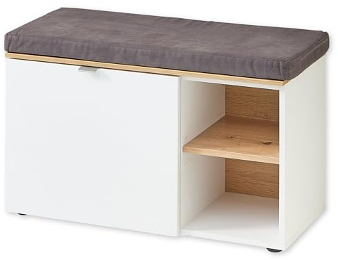 BARI Schuhbank Sitzbank Weiß Artisan Eiche 78 x 50 x 38 cm (B/H/T) | Moderne Bank für den Flur, Sitzkissen in hellgrauer Lederoptik, 1 Holztür, 2 Fachböden, 2 offene Fächer, Stauraum