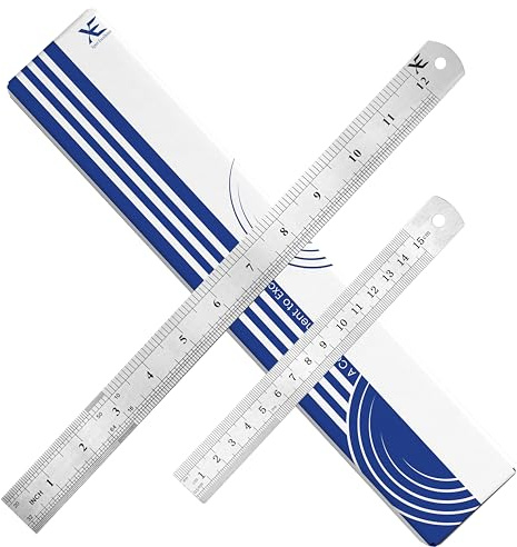 XE Edelstahl Lineal Set - 12 und 6 Zoll Präzisions Metall Lineal Set, idealer Gerades Kantenmesse für Studenten, Büro, Ingenieure, Handwerk und Nähen mit Hangloch