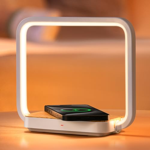 WILIT Faltbar LED Nachttischlampe mit Ladefunktion 10W, Nachtlicht Touch Dimmbar mit 3 Helligkeitsstufen für Wohnzimmer, Schlafzimmer, Weiß-Holz