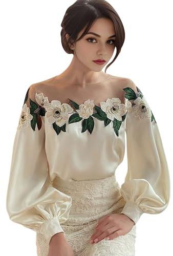 Petalum Femme Chemisier en Satin Fleur Brodée Elégante Sexy Chemise Blouse Eté Manches Bouffantes Col Rond Patchwork en Maille Léger Respirant Style Vintage Glamour Floral
