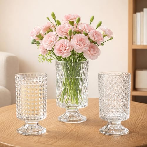 WRINGKIT Set of 3 Embossed Glass Vase, 7'' Clear Vases for Flowers Centerpieces, Wide Mouth Pedestal Vase with Big Base, Cylinder Candle Holder Glass Bouquet Vases for Table, Wedding Home Decor
