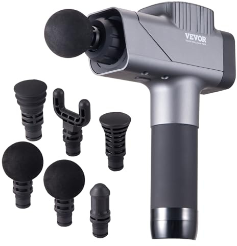 VEVOR Pistola de Masaje de Tejido Profundo, Masajeador Muscular de Percusión para Atletas, 8 Niveles de Velocidad y 6 Cabezales, 2500 mAh, para Aliviar el Dolor Relajación Muscular, 250 x 170 x 60 mm