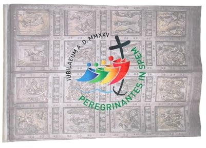Bandiera Ufficiale del Giubileo dei Pellegrini di Speranza 2025, 70x100 cm, Stampa Porta Santa di San Pietro, Scritta in Latino