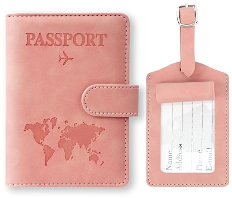 Reisepasshülle und Kofferanhänger Set, Kunstleder Reisepass Organizer mit Gepäckanhänger, Passport Cover Hülle mit RFID-Blocke für Kreditkarten Personalausweise Reisedokumente, Reisezubehör (rosa)