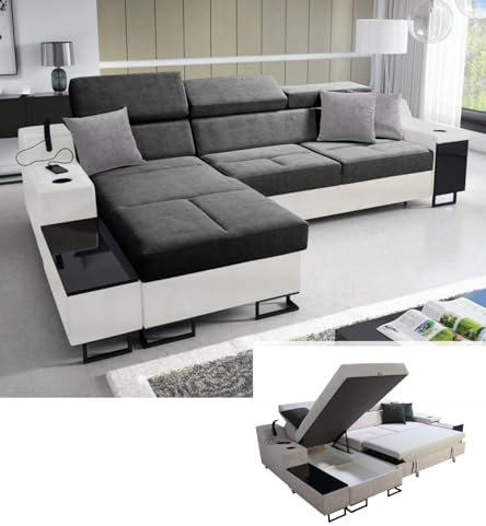 All4All Ecksofa Fosti - Schalffunktion - Bettkasten - Polstersofa - Komfort - L-Form - Couch - Eckcouch - Schlafsofa - 293x185x100cm - 26 - Whisper 15 mit weißem Kunstleder, Links
