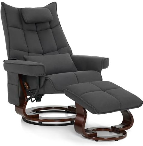 M MCombo Poltrona relax con sgabello, sedia per TV girevole con funzione reclinabile, moderna per soggiorno, con cuscino e tasca laterale, 9076 (grigio scuro)