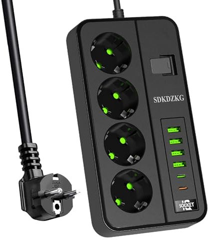 SDKDZKG Mehrfachsteckdosen, Steckdosenleiste 4-Fach mit Steuerschalter (13A/3000W), Steckdosen mit 4 USB-A 2 USB-C Ladeanschluss (3,1 A/5V), Steckdosenadapter 3M Kabel, für Büro Hause Reisen (Schwarz)