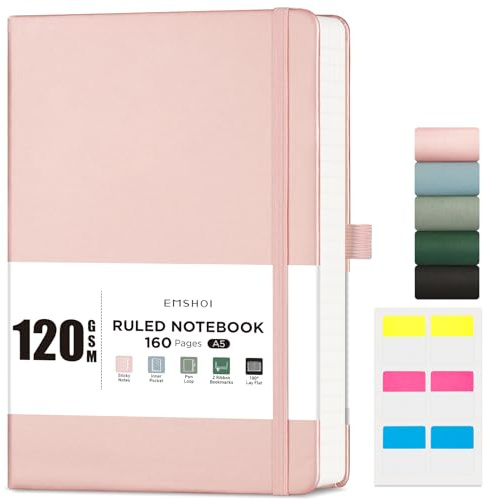 EMSHOI A5-Notizbuch, liniert, 120 g/m² Papier, Hardcover, Notizbuch für die Arbeit, 160 Seiten, College-Notizbuch, Leder-Schreibtagebuch für Damen, Herren, Arbeit, Schule, 14,5 x 21 cm, Roségold