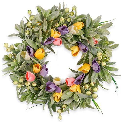 HomeKaren Tulip Spring Wreaths for Front Door 22 Inch, All Season Floral Wreath for Outdoor Indoor Flower, Easter Door Wreath for Spring Summer Easter Home Decor