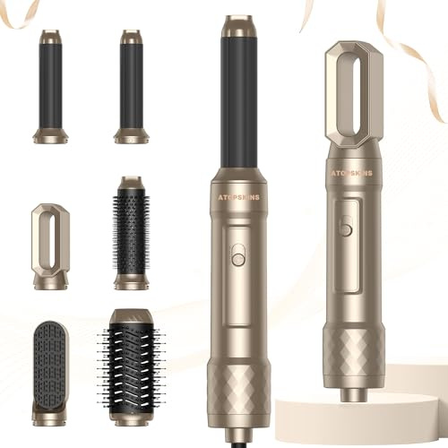 Atopskins Airstyler 6 in 1 Hair Dryer Brush Set, Hairstyler set mit Haartrockner Föhn,Luftstrom Rundbürsten Föhnbürste, Auto Lockenstab, Glättbürste,für Haar Volumen, Glätten,Locken und Föhnen,Gold