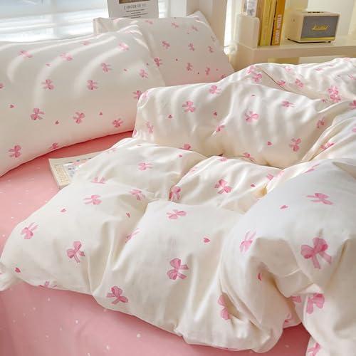 Covebett - Set copripiumino per letto matrimoniale in cotone, bianco con fiocchi rosa e cuori, biancheria da letto romantica estetica carina per ragazze e donne, con fiocco e nodo a cuore, trapunta