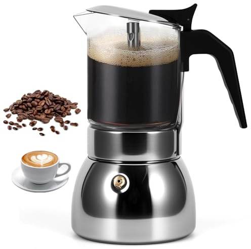ALLOMN Induction Stovetop moka pot espresso, Glass Top & Stainless Steel Coffee Maker, Manual Stovetop Coffee Pot for Espresso, Mocha, Cafetera Italiana, Home Brewing Espresso Machine，300ml