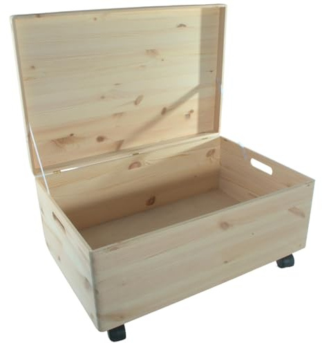 WooDeeDoo Extra Large Wooden Underbed Storage Box with Hinged Lid on Wheels - 59.5 x 39.5 x 29 cm – Decorative Pine Chest Trunk for Toys Blankets Crafts Home Bedroom Loft Garage Organisation