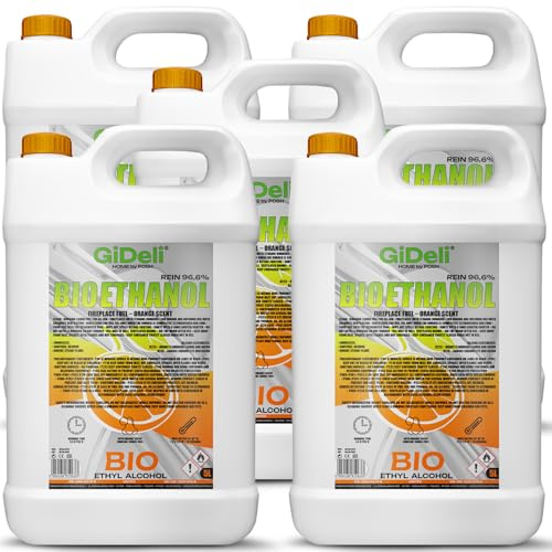 GiDeli Bioéthanol 5 x 5 l Parfum orange 96,6 % éthanol pour cheminée intérieure et extérieure Sans fumée ni suie Fabriqué à partir de maïs et de betteraves sucrières