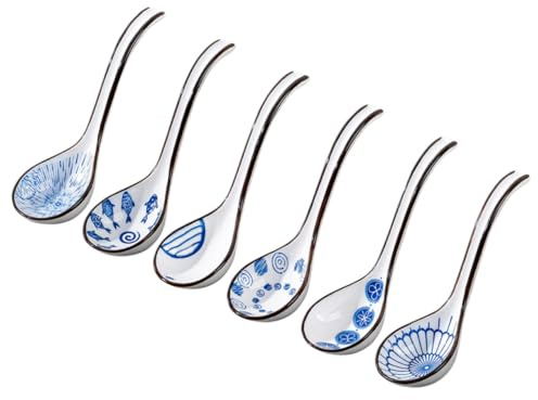 TOYANDONA 6 piezas Cucharas de Sopa Chinas de Ergonómicas para Ramen Wonton Arroz y Postres Cucharas Asiáticas Resistentes con Mango Cómodo