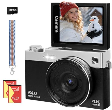 Digitalkamera 4K 64MP Kamera 3 Zoll Fotokamera 16X Autofokus Digitalzoom Tragbare Digital Camera für Vlog 180° Klappbarer LCD-Bildschirm Fotoapparat 2 Akkus 32GB Karte für Anfänger Kinder Jugendliche