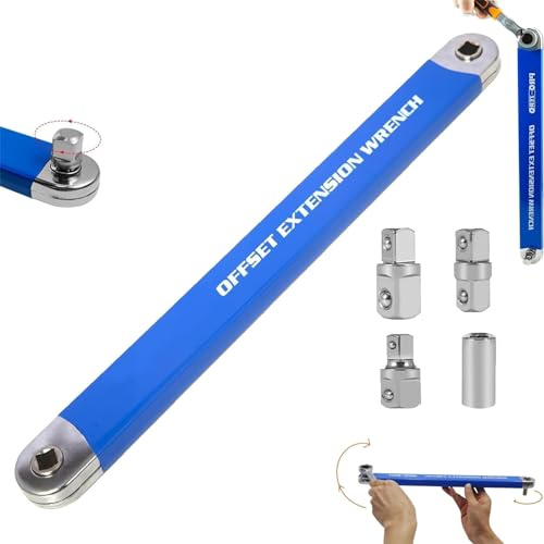 Sinlay Clé D'Extension CoudéE Offset, Cle Plate A Cliquet, Cle A Cliquet, 15,4 Pouces Rallonge CliquetS, Transmission Par ChaîNe 1:1, Angle De Rotation De 0°, Avec Adaptateurs 1/4, 3/8 Et 1/2 (1)
