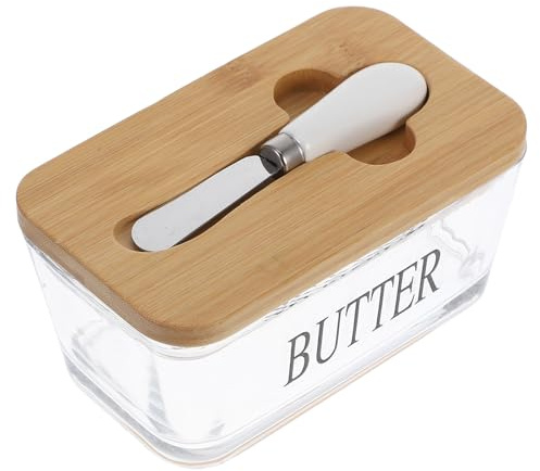 HYTROVE Mantequera de Vidrio con Tapa de Bambú Hermética y Fácil de Limpiar para Uso en Cocina y Refrigerador, Diseño Elegante de 1