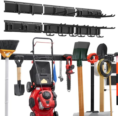 VEVOR Porta Attrezzi da Garage 251,5 cm Portata 544 kg 6 Binari e 16 Ganci | Supporto da Parete per Attrezzi da Giardino, Ganci Regolabili, Organizzatore per Pale, Rastrelli, Tagliasiepi e Soffiatori