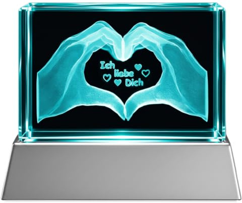 Kaltner Präsente 3D Kristallglas Herz mit LED Licht – Ich liebe Dich Geschenk für Freundin, Frau, Ehefrau – Lasergravur im Kristall – Romantische Deko mit Farbwechsel