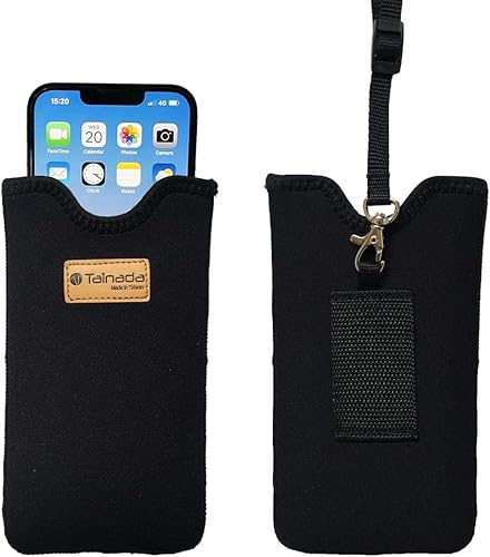 Tainada Neoprene Neck Cell Phone Sleeve Pouch w/Belt Loop Holster (Black) | For Men/Women; Water-resistant small lightweight cellphone holder case bag w/ adjustable lanyard; Fits most smartphones