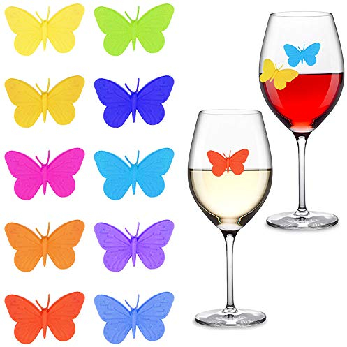 Gresunny 10 pezzi segnabicchieri silicone marcatori per bicchieri di vino per feste segnabicchier farfalla con ventosa identificativi per vetri riutilizzabili marcatori per vino tazza per bar party