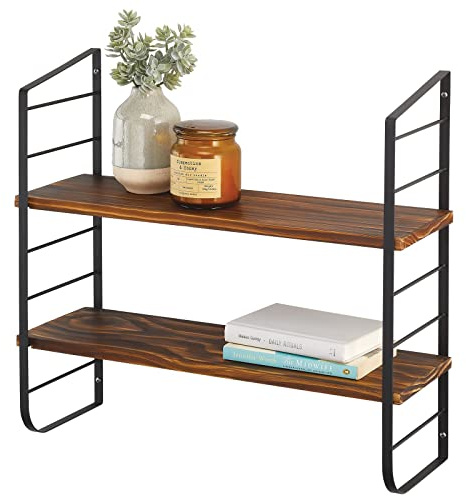 mDesign modernes Wandregal mit 2 Regalböden – Holzregal mit rostbeständigen Metallhalterungen – Hängeregal für Bad, Küche, Büro, Schlafzimmer etc. – schwarz und naturfarben