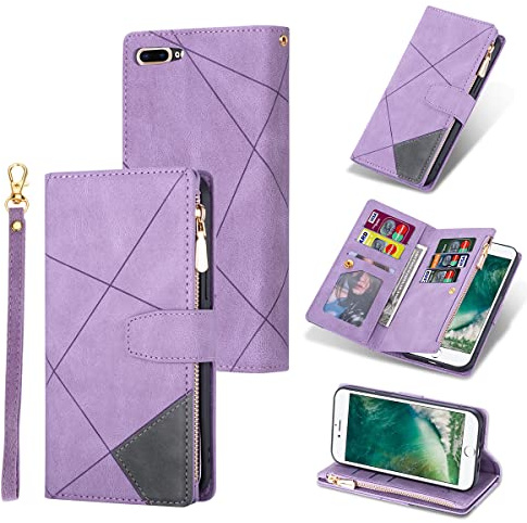 UEEBAI Wallet Case for iPhone 7/8/SE 2022 5G/SE 2020, Premium PU Leather Flip Case Card Slots Magnetic Zipper Pocket Kickstand Handbag Hand Strap Cover for SE3/SE2 - Splice Purple