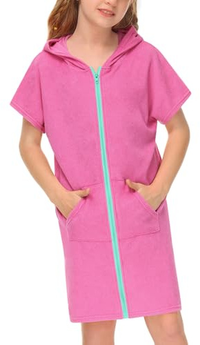 BesserBay Mädchen Kurzarm Frottee Badeponcho Rosenrot Reißverschluss Seitentaschen mit Kapuze Surf Poncho 150