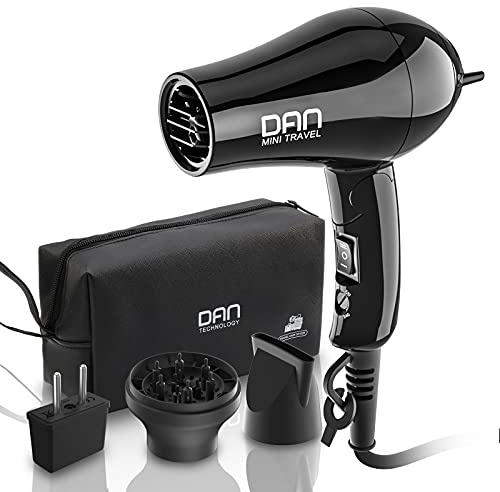 Dan Technology Compact Hair Dryer,Travel Hair Dryer,Portable Mini BlowDryer with Concentrator&Diffuser,HairDryer with European Plug