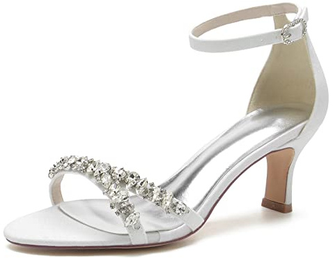Kvinnor Högklackade Sandaler Gladiator Spänne Rem Chunky Heeled Skor med öppen tå 2023 Sommar Damer Diamant Fest Bröllopsskor,White,40 EU