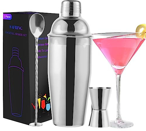 Safring Shaker à cocktail de 700 ml, shaker à martini avec passoire intégrée, doseur doseur, cuillère à mélanger, grand shaker professionnel en acier inoxydable pour barman, mélangeur d'alcool